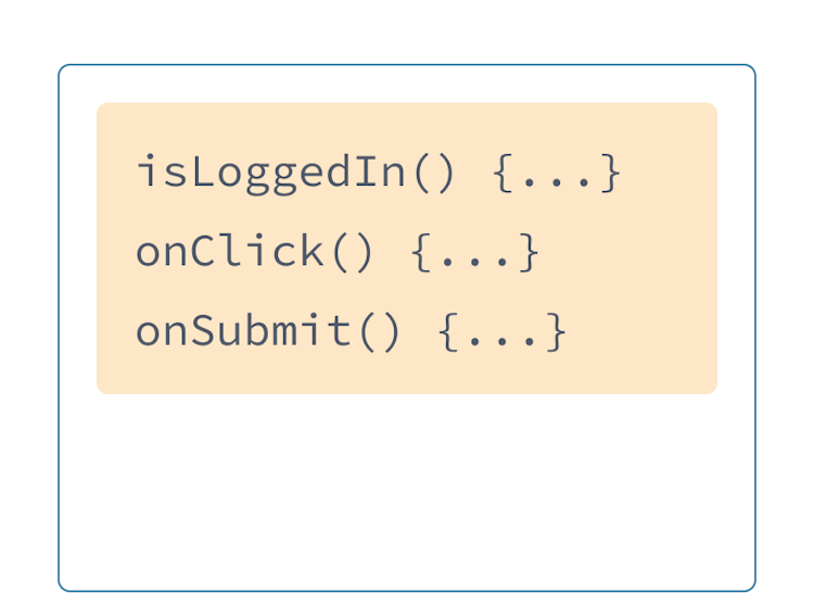 Tres controladores de JavaScript con fondo amarillo: onSubmit, onLogin y onClick.