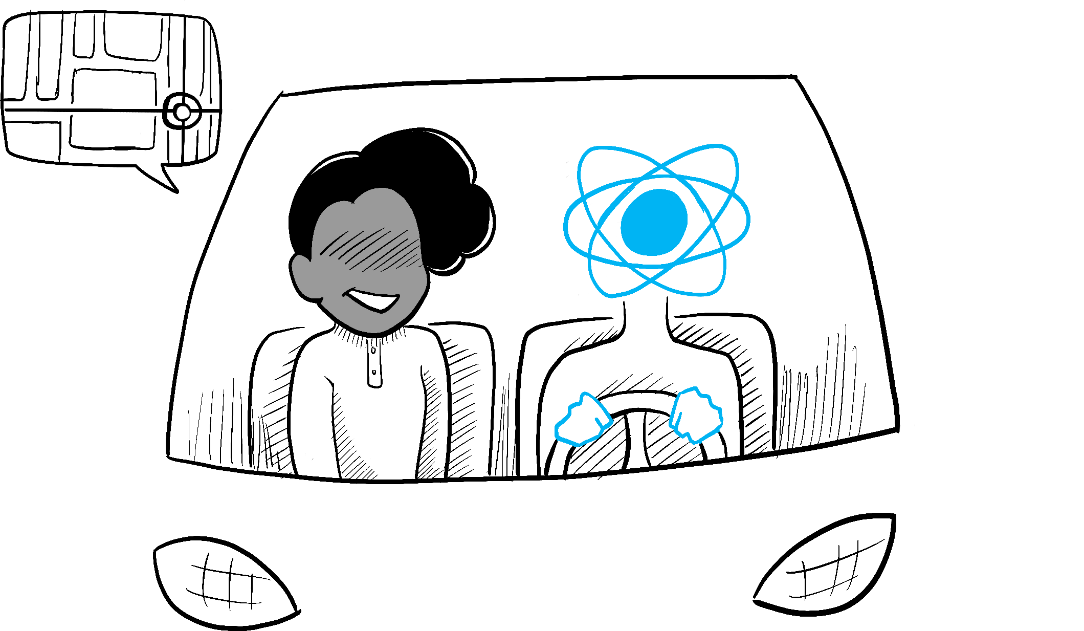 En un coche conducido por React, un pasajero indica el lugar al que desea ir en el mapa. React sabe como hacerlo.