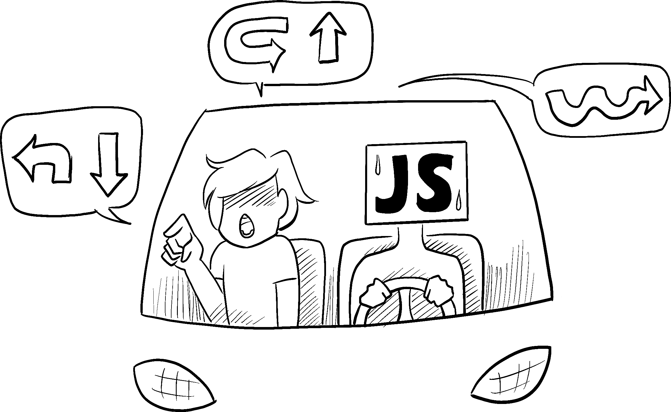 En un coche conducido por una persona con apariencia ansiosa, representando a JavaScript, un pasajero le ordena al conductor a realizar una complicada secuencia de giros e indicaciones.