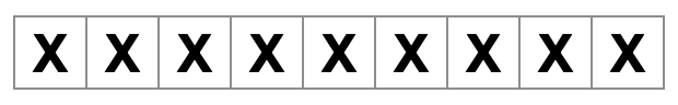 nueve cuadrados llenos de x en una línea